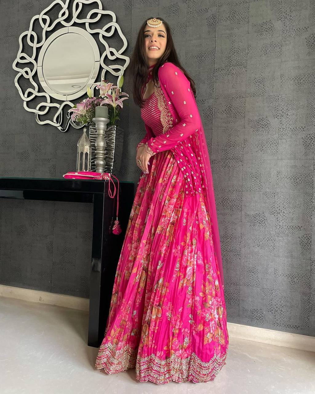 Floral Print Pink Lehenga with Jacket And Dupatta