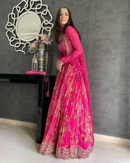 Floral Print Pink Lehenga with Jacket And Dupatta