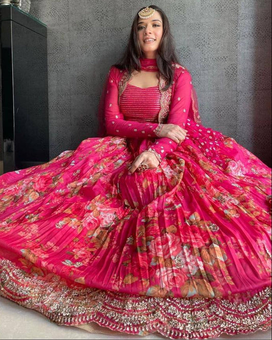 Floral Print Pink Lehenga with Jacket And Dupatta