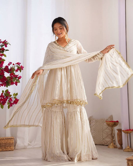 Ivory White Real Mirror Embroidered Chanderi Sharara Suit with Dupatta