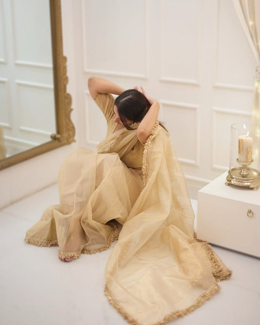 Ready to Wear Beige Saree with Lace Border