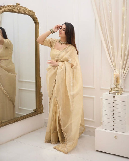 Ready to Wear Beige Saree with Lace Border
