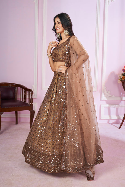 Brown Sequins embroidered Work Lehenga Choli Set for reception