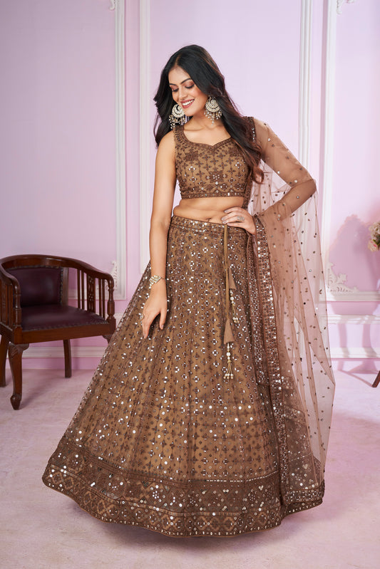 "Model wearing brown sequin mirror work lehenga choli set with dupatta – perfect for weddings and festive wear 2025"

