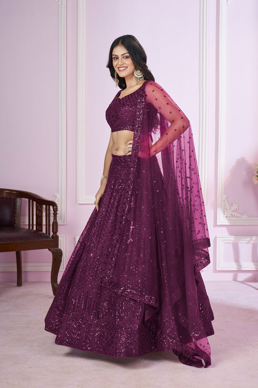 Purple Sequin Embroidered Lehenga Choli with Net Dupatta