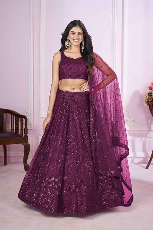 Purple Sequin Embroidered Lehenga Choli with Net Dupatta