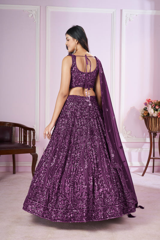 Luxury Purple Sequin Embroidered Lehenga Choli Set with georgette Dupatta for wedding