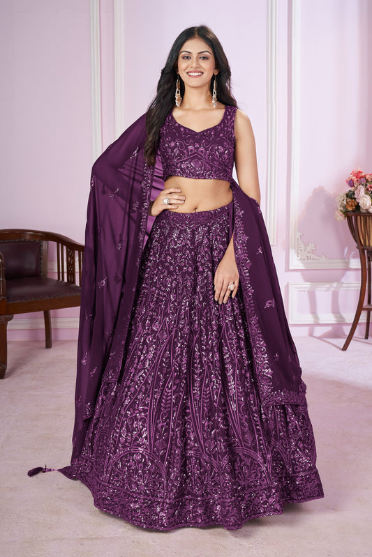 Luxury Purple Sequin Embroidered Lehenga Choli Set with georgette Dupatta for wedding