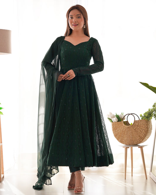 Bottle green net anarkali gown with dupatta for party wear
