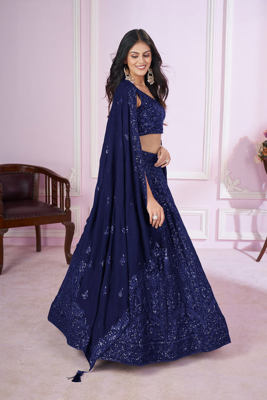 Navy Blue Sequin Embroidered Lehenga Choli Set with Dupatta