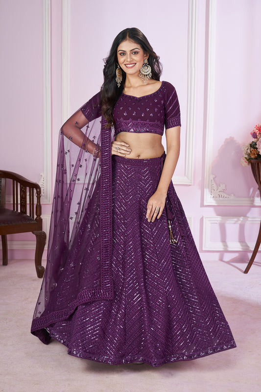 Plum Purple Sequin Embroidered Lehenga Choli with Sheer Dupatta