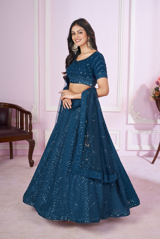 Teal Blue Sequin Embroidered Lehenga Choli Set for Wedding & Party Wear