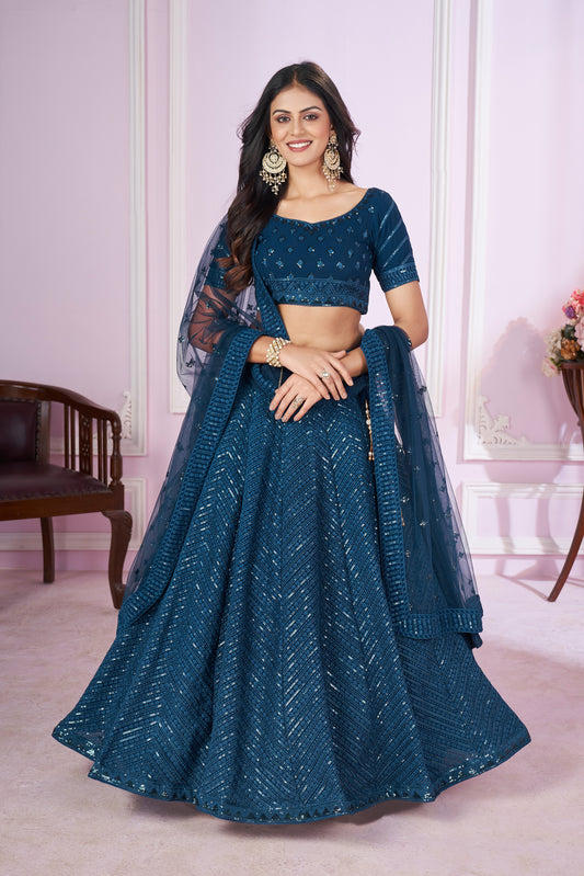 Teal Blue Sequin Embroidered Lehenga Choli Set for Wedding & Party Wear