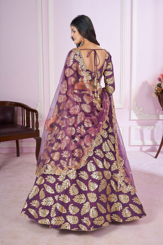 Purple & Gold Foil Embroidered Lehenga Choli Set with Net Dupatta