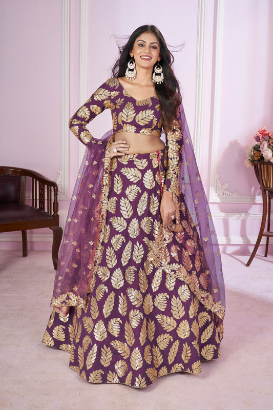 Purple & Gold Foil Embroidered Lehenga Choli Set with Net Dupatta 