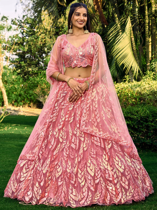 Pink Sequins Net Bridesmaid Lehenga Choli for Wedding and Reception