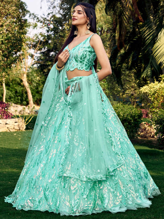 Turquoise blue Sequin Net Lehenga Choli for Wedding and Reception