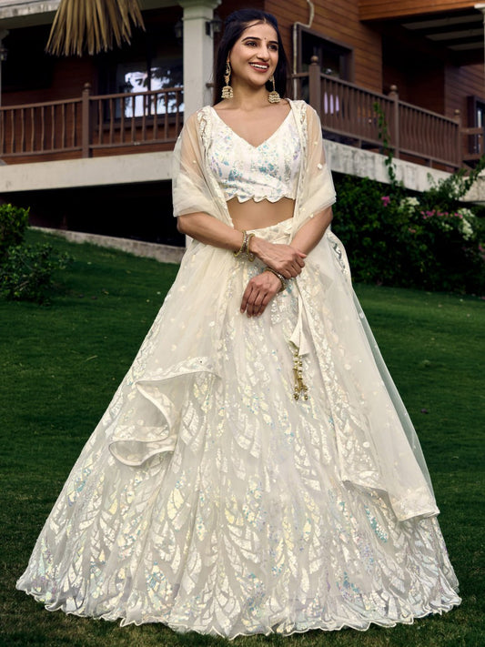 Off-White Sequins Net Bridesmaid Lehenga Choli for Wedding and Reception