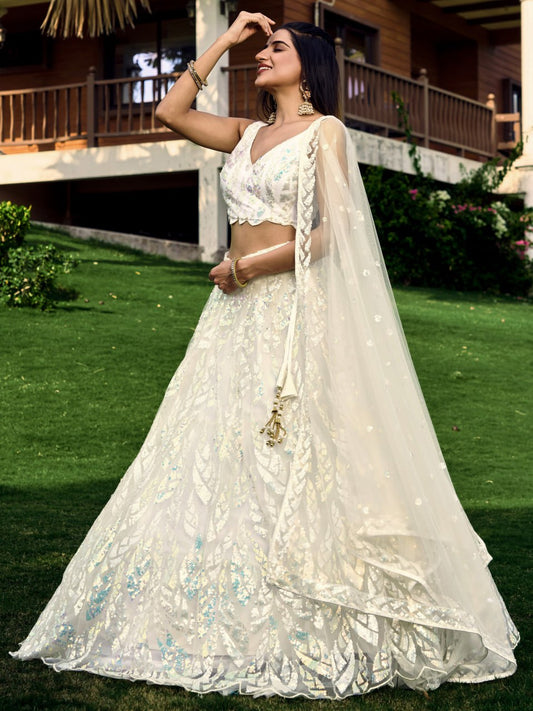 Off-White Sequins Net Bridesmaid Lehenga Choli for Wedding and Reception