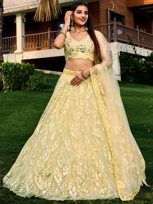 Yellow Sequins Net Bridesmaid Lehenga Choli for Wedding and Reception