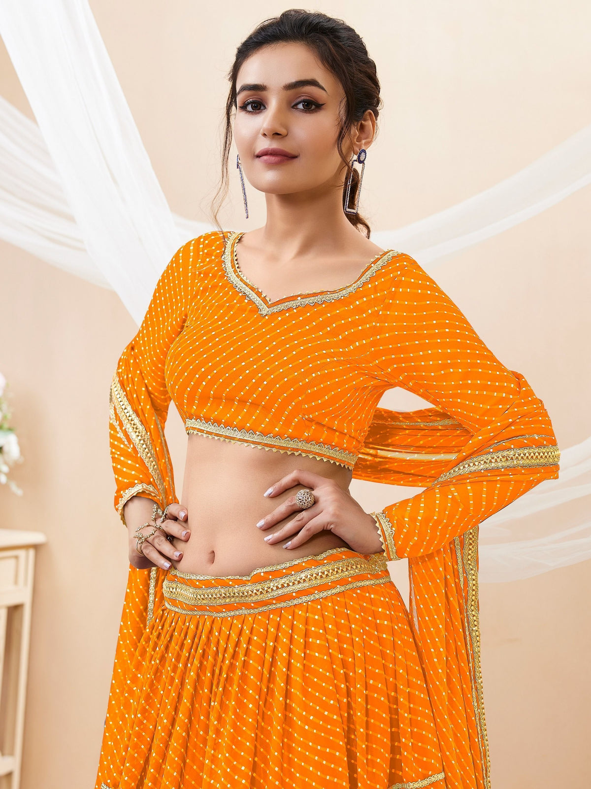 Orange Leheriya printed bandhani Lehenga Choli Set