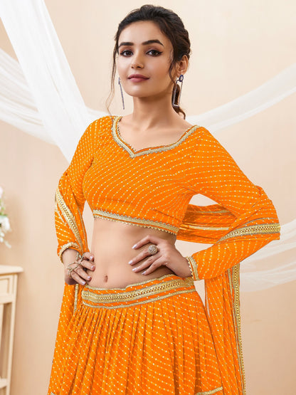 Orange Leheriya printed bandhani Lehenga Choli Set