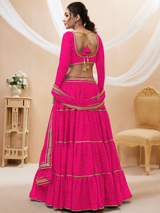 Rani Pink Leheriya printed bandhani Lehenga Choli Set