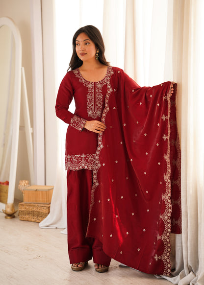 Maroon Embroidered Party Wear Farshi Salwar Suit with Dupatta