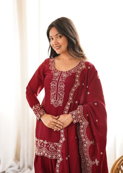Maroon Embroidered Party Wear Farshi Salwar Suit with Dupatta