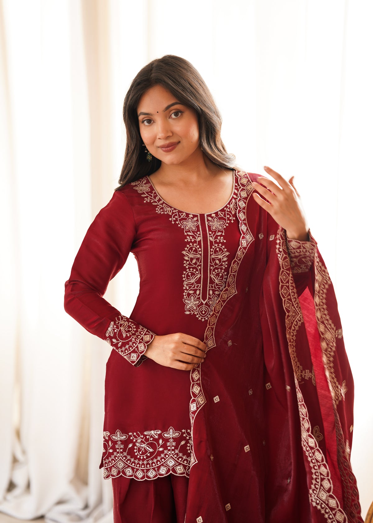 Maroon Embroidered Party Wear Farshi Salwar Suit with Dupatta