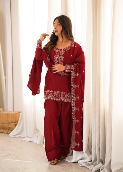Maroon Embroidered Party Wear Farshi Salwar Suit with Dupatta