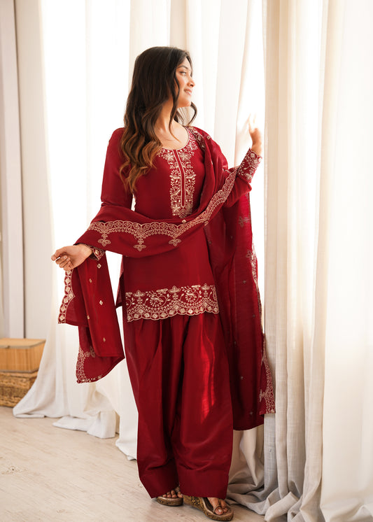 Maroon Embroidered Party Wear Farshi Salwar Suit with Dupatta