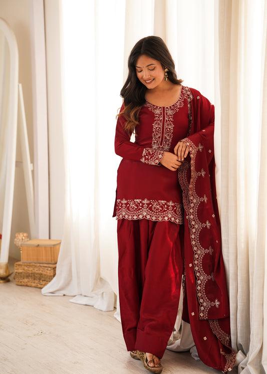 Maroon Embroidered Party Wear Farshi Salwar Suit with Dupatta