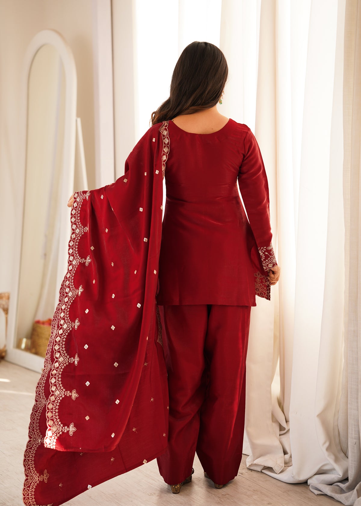 Maroon Embroidered Party Wear Farshi Salwar Suit with Dupatta