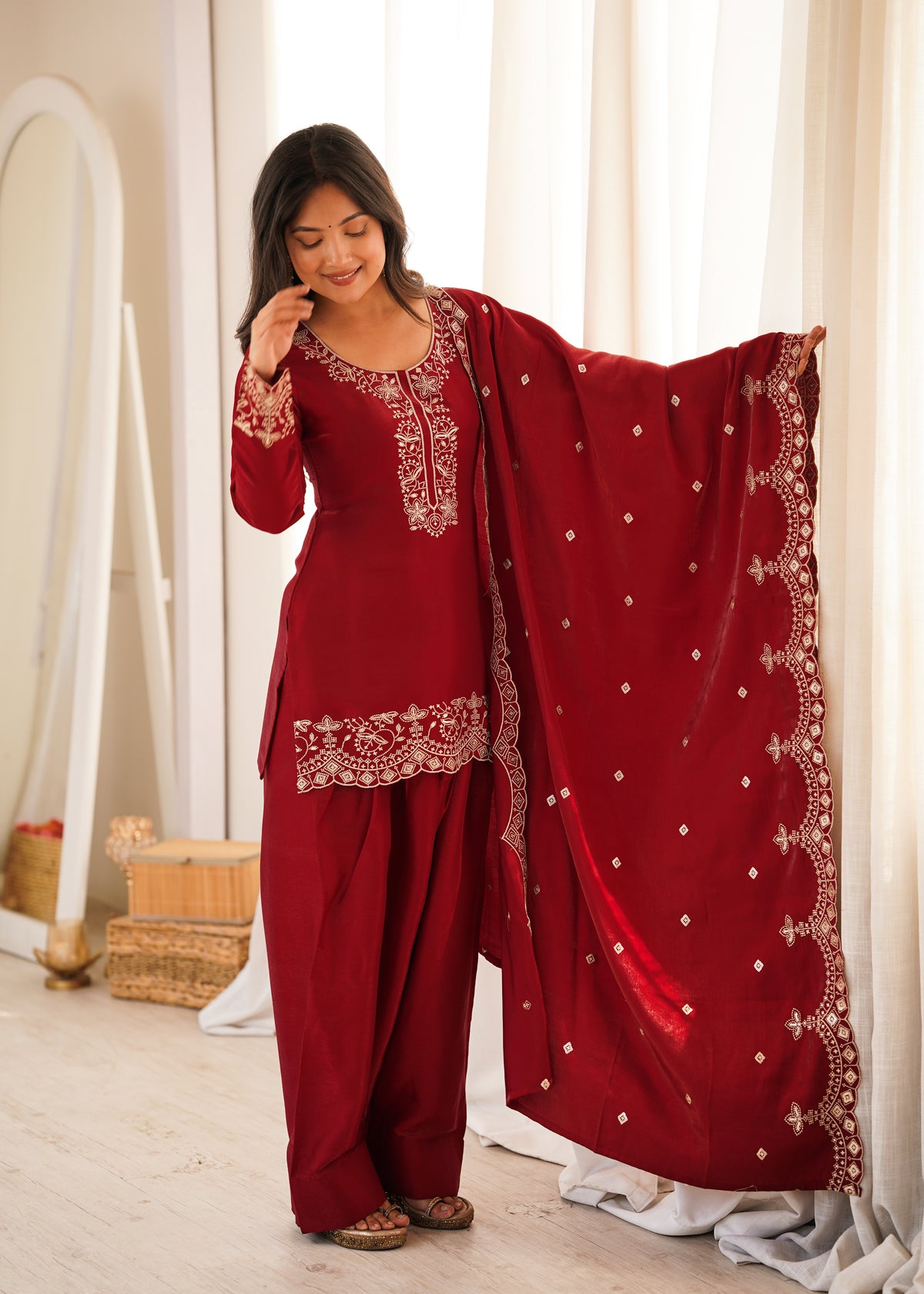 Maroon Embroidered Party Wear Farshi Salwar Suit with Dupatta