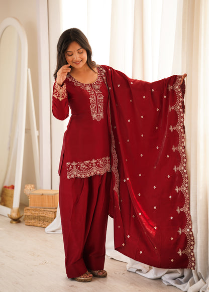 Maroon Embroidered Party Wear Farshi Salwar Suit with Dupatta