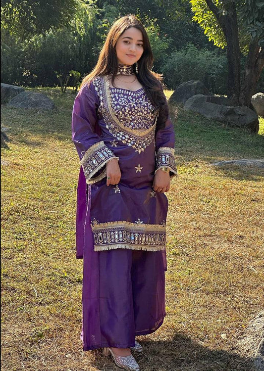 Purple Silk Mirror Work Indo-Western Sharara Set