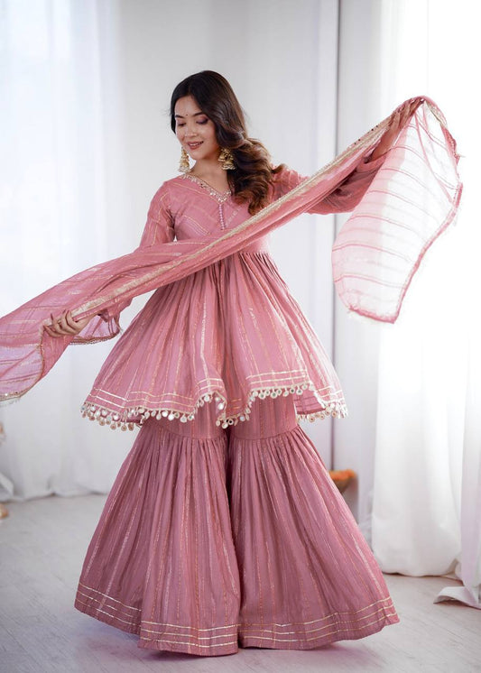Dusty Pink Gota Patti and Real Mirror Embroidered Chanderi Sharara Suit with Dupatta