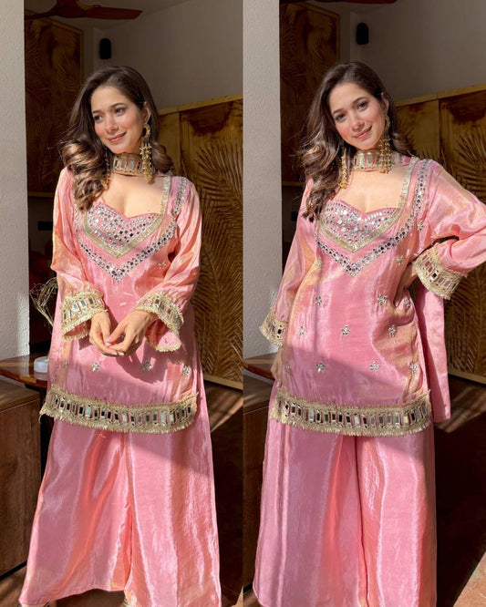 Baby Pink Silk Mirror Work Indo-Western Sharara Set