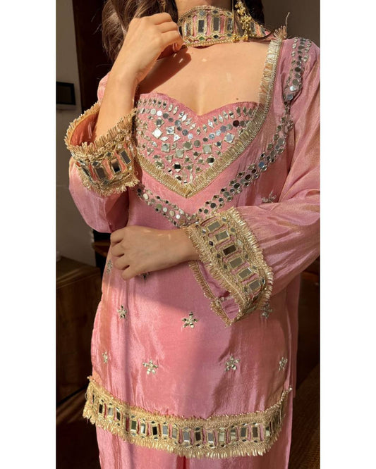 Baby Pink Silk Mirror Work Indo-Western Sharara Set