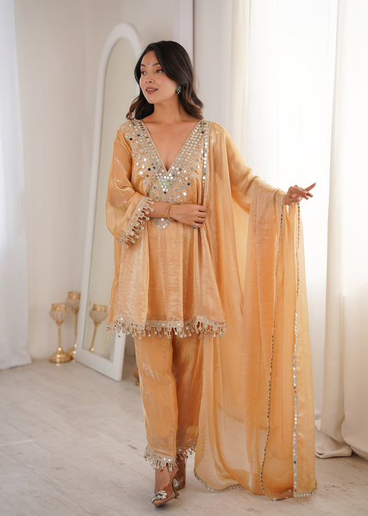 Designer Festive Peach Mirror Work Kurti Pant Set with Dupatta