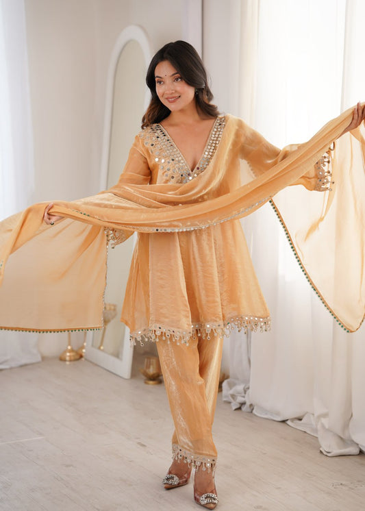 Designer Festive Peach Mirror Work Kurti Pant Set with Dupatta