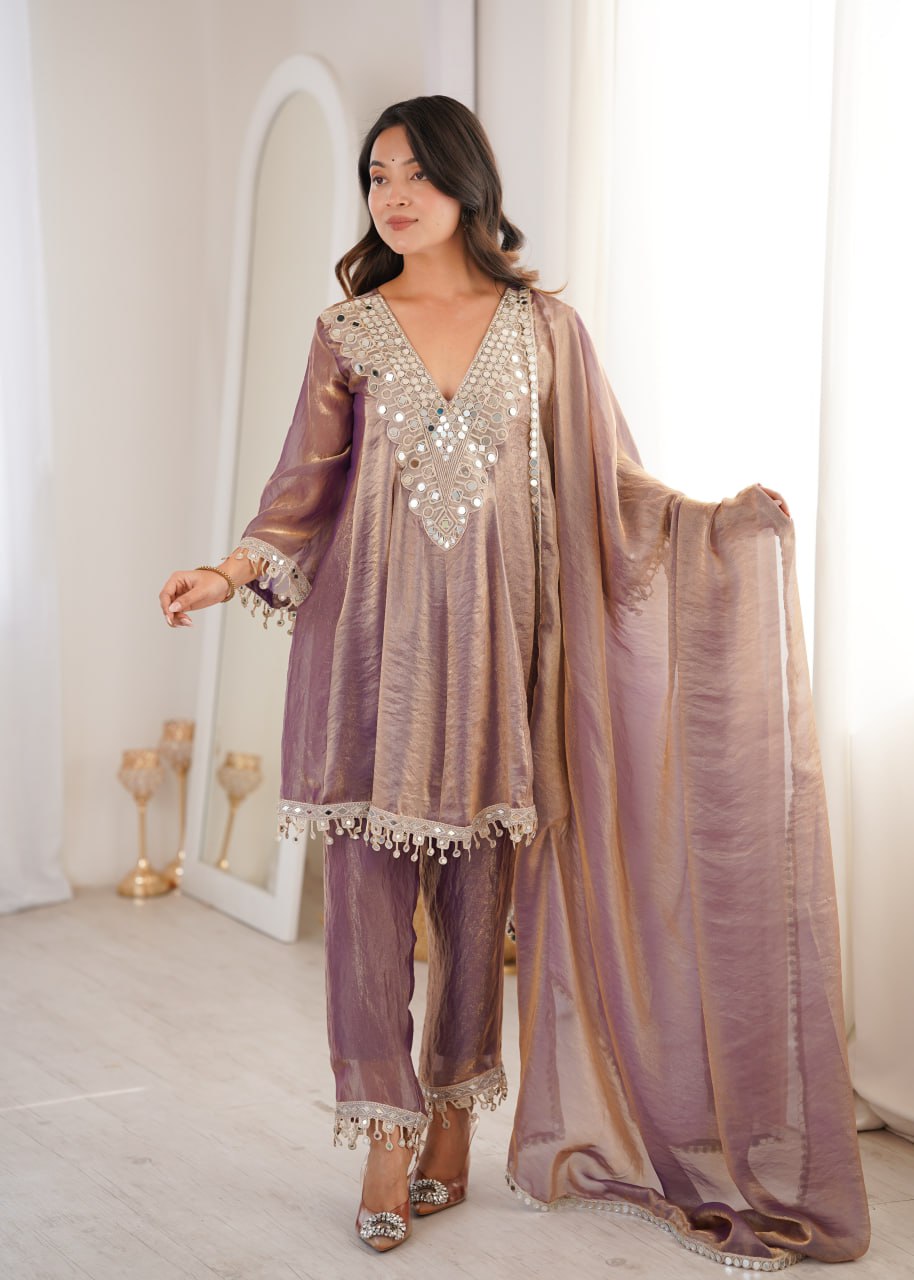 Designer Festive Peach Mirror Work Kurti Pant Set with Dupatta