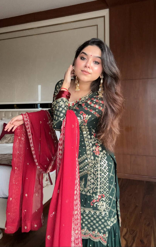 Designer Green Sharara Suit with Heavy Golden Embroidery & Red Dupatta