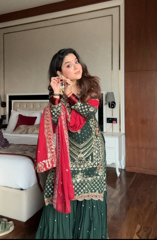 Designer Green Sharara Suit with Heavy Golden Embroidery & Red Dupatta