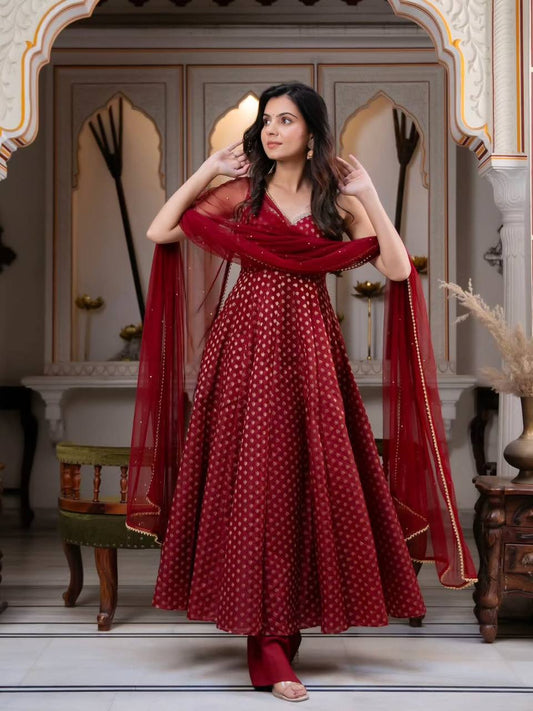 Maroon Chanderi Jacquard Anarkali Suit with Soft Net Dupatta