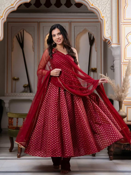 Maroon Chanderi Jacquard Anarkali Suit with Soft Net Dupatta