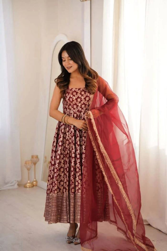 Maroon Chanderi Jacquard Anarkali Suit with Dupatta