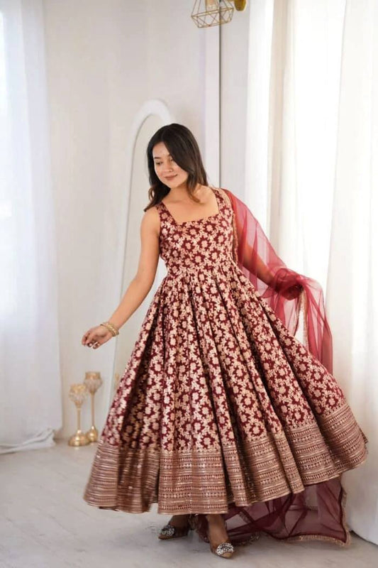 Maroon Chanderi Jacquard Anarkali Suit with Dupatta