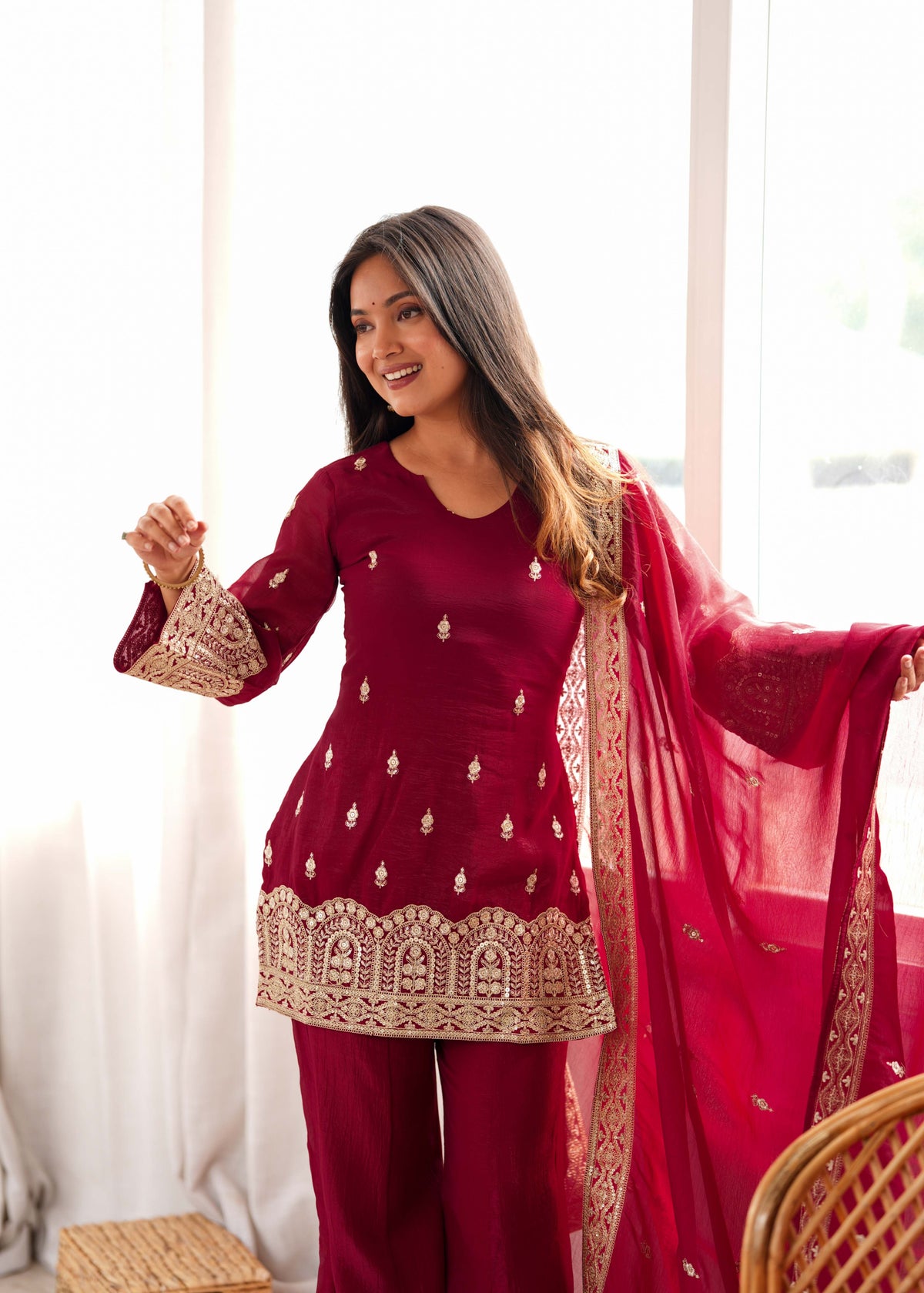 Maroon Crunchy Silk Pakistani Suit with Bell Bottom Palazzo & Embroidered Dupatta